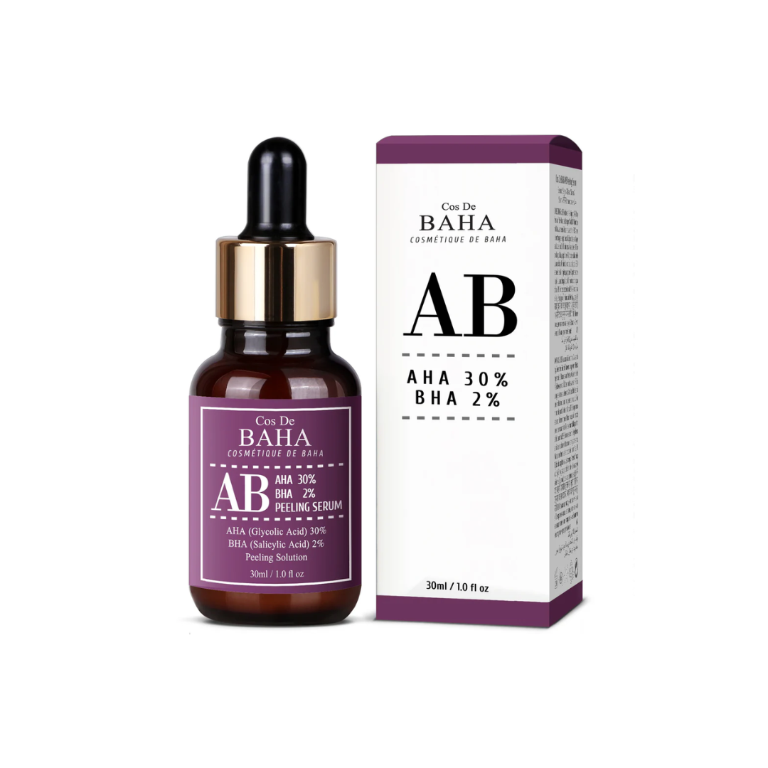 COS DE BAHA (AB) AHA30% BHA2% Peeling Serum is an intensive exfoliating serum suitable for oily and acne-prone skin types. This potent formula combines 30% Glycolic Acid (AHA) and 2% Salicylic Acid (BHA) to deeply exfoliate the skin, helping to clear pores, fade acne scars, and smooth uneven texture. Panthenol and Allantoin soothe and hydrate the skin, minimizing irritation. Ideal for weekly use, this serum promotes a clearer, more radiant complexion. 
