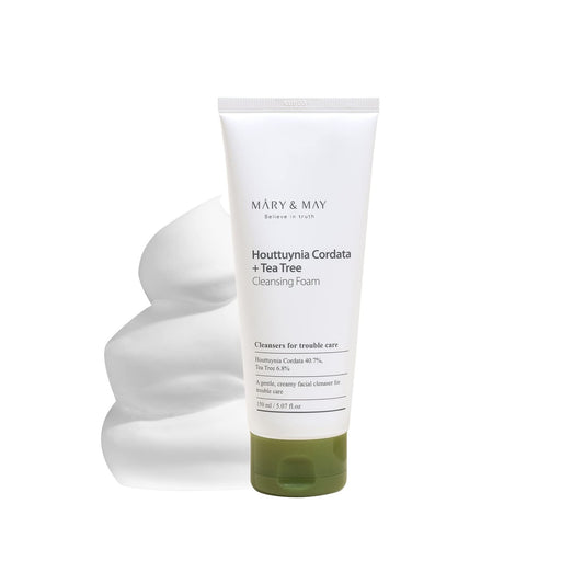 MARY & MAY Houttuynia Cordata + Tea Tree Cleansing Foam is a soothing and purifying cleanser for sensitive and troubled skin. Formulated with 40.7% Houttuynia Cordata Extract and 6.85% Tea Tree Extract, it helps calm irritation and reduce excess oil, while Glycerin and Sodium Hyaluronate provide hydration. The gentle foam effectively cleanses without stripping the skin, leaving it feeling refreshed and balanced. Ideal for acne-prone or oily skin types.