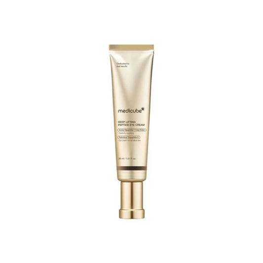 MEDICUBE Deep Lifting Peptide Eye Cream is a nourishing anti-aging formula designed to firm, smooth, and revitalize the delicate eye area. Enriched with multiple peptides including Acetyl Hexapeptide-1, Palmitoyl Tripeptide-5, and Copper Tripeptide-1, it helps reduce the appearance of fine lines and improves skin elasticity. Niacinamide, Panthenol, and Ceramide NP support skin barrier health and brightening, while Hyaluronic Acid and Collagen complexes deliver deep hydration and plumping effects. This rich