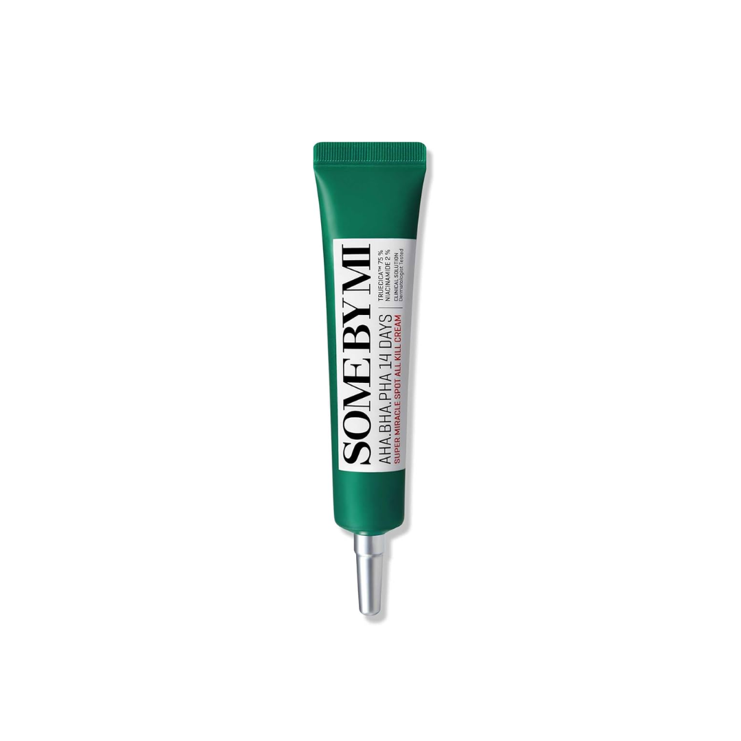 SOME BY MI AHA-BHA-PHA 14 Days Super Miracle Spot All Kill Cream is a fast-acting spot treatment designed to target breakouts and blemishes. Formulated with Tea Tree Leaf Water, Salicylic Acid, AHA, PHA, and Centella Asiatica Extract, it gently exfoliates, soothes inflammation, and promotes clearer skin. Ideal for acne-prone and oily skin.