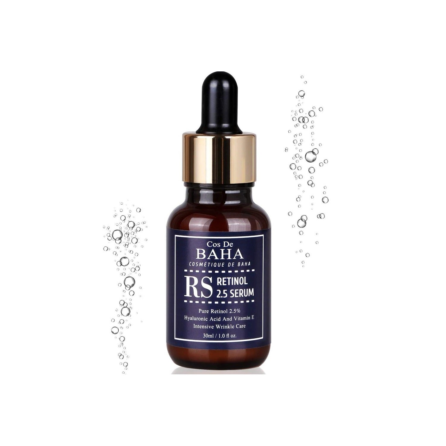 COS DE BAHA (RS) Retinol 2.5% Serum with Vitamin E is an anti-aging serum suitable for most skin types, especially those targeting fine lines and uneven texture. Featuring 2.5% Retinol, it promotes cell turnover, reduces the appearance of wrinkles, and improves skin elasticity. Vitamin E provides antioxidant protection, while Niacinamide brightens and refines skin tone. Enriched with Aloe Vera, Sodium Hyaluronate, and Shea Butter, this serum ensures deep hydration and soothes irritation. With regular use, s