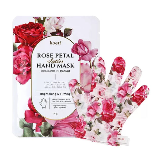 KOELF Rose Petal Satin Hand Mask is a glove-type hand treatment that delivers deep hydration and nourishment to dry, tired hands. Infused with Rose Extract, Shea Butter, and Niacinamide, it helps restore softness and improve skin tone and texture. Urea and Salicylic Acid gently smooth rough areas, while Ceramide NP and Hyaluronic Acid lock in lasting moisture and strengthen the skin barrier. With added Olive and Argan Oils plus peptides and amino acids, this mask leaves hands silky, refreshed, and delicatel