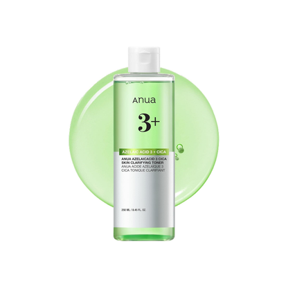 ANUA Azelaic Acid 3 Cica Skin Clarifying Toner is a gentle yet effective toner designed to refine skin texture, calm irritation, and reduce blemishes. Formulated with 3% Azelaic Acid and Cica Complex (Centella Asiatica + Madecassoside), it helps brighten uneven tone, soothe redness, and support a healthy skin barrier. Added Tea Tree, Rosemary, and Totarol help control excess oil and target breakouts, while Hyaluronic Acid and Squalane keep skin hydrated and comfortable. This toner leaves the skin feeling re