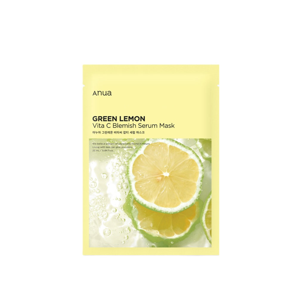 ANUA Green Lemon Vita C Blemish Serum Mask is formulated with Lemon Fruit Extract and Ascorbic Acid to brighten and revitalize your skin. It helps reduce the appearance of dark spots and blemishes while Niacinamide and Glutathione work to even out skin tone. Infused with Botanical Extracts like Turmeric and Avocado, this mask hydrates and nourishes the skin, leaving it refreshed and radiant. Perfect for achieving a glowing, clear complexion.