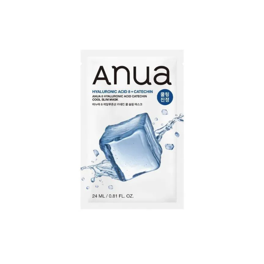 ANUA Hyaluronic Acid 8 Catechin Cool Slim Mask is a refreshing sheet mask designed to deeply hydrate while delivering an instant cooling effect. Formulated with 8 types of Hyaluronic Acid, it helps replenish moisture and leave skin feeling plump and smooth. Green Tea Catechins and Caffeine provide antioxidant care and help refresh tired-looking skin, while soothing botanical extracts calm and comfort the complexion. The lightweight essence absorbs quickly, leaving skin hydrated, revitalized, and visibly ref