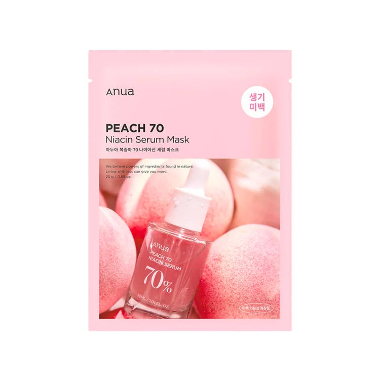 ANUA Peach 70 Niacin Serum Mask features 70% Peach Fruit Extract and Niacinamide to brighten and nourish the skin. It hydrates deeply with Hyaluronic Acid and soothes with Centella Asiatica Extract. The mask also contains Safflower Seed Oil and Chia Seed Oil to enhance skin texture and elasticity, while Ceramide NP strengthens the skin barrier. Ideal for revitalizing and achieving a radiant complexion.