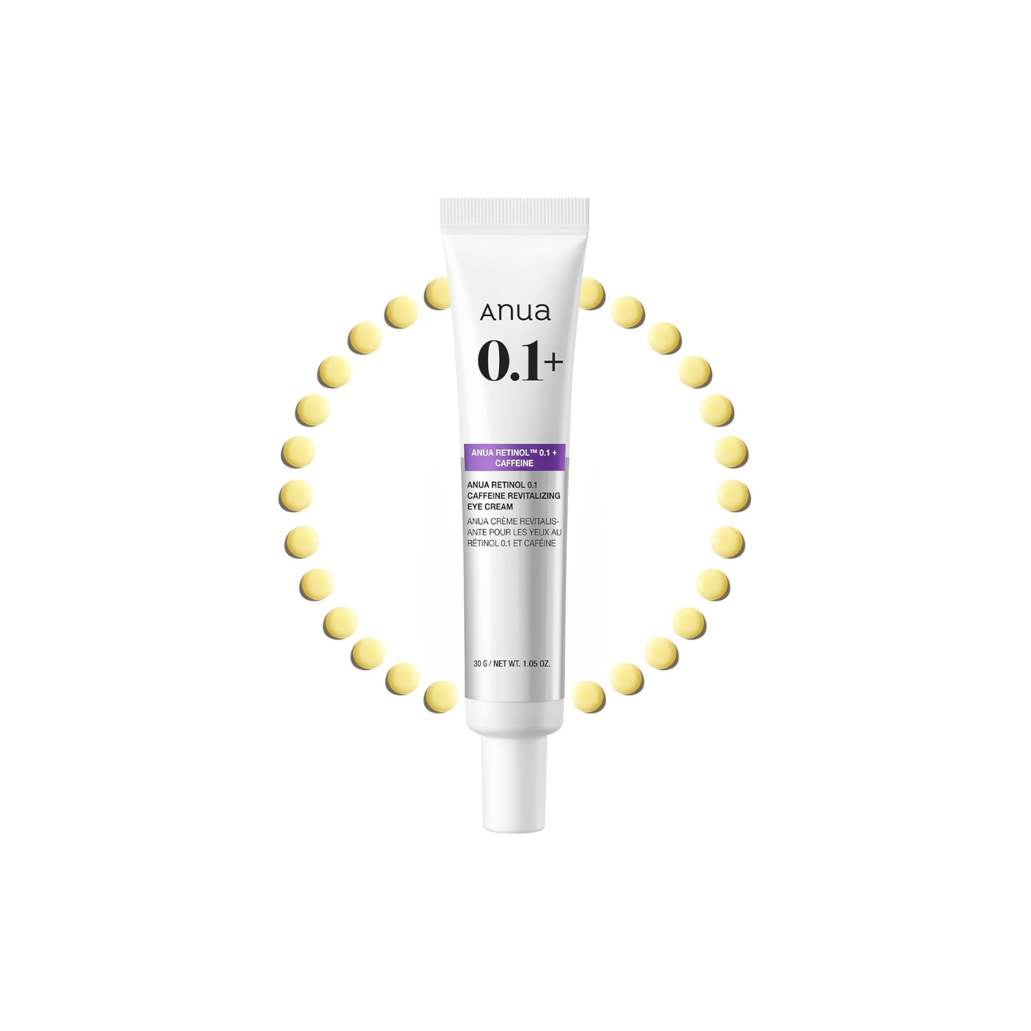 ANUA Retinol 0.1 Caffeine Revitalizing Eye Cream is a targeted treatment designed to smooth fine lines and refresh tired-looking eyes. Formulated with 0.1% Retinol, it helps improve skin texture and reduce the appearance of wrinkles, while Caffeine works to depuff and revitalize the under-eye area. Niacinamide brightens dark circles, and a blend of Ceramides and Hyaluronic Acid supports deep hydration and strengthens the delicate skin barrier. Enriched with Peptides, Panthenol, and Squalane, this nourishing