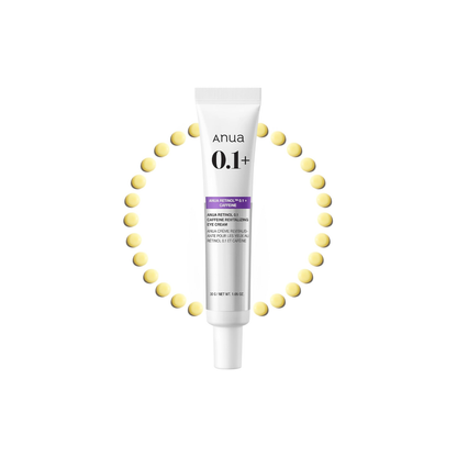ANUA Retinol 0.1 Caffeine Revitalizing Eye Cream is a targeted treatment designed to smooth fine lines and refresh tired-looking eyes. Formulated with 0.1% Retinol, it helps improve skin texture and reduce the appearance of wrinkles, while Caffeine works to depuff and revitalize the under-eye area. Niacinamide brightens dark circles, and a blend of Ceramides and Hyaluronic Acid supports deep hydration and strengthens the delicate skin barrier. Enriched with Peptides, Panthenol, and Squalane, this nourishing