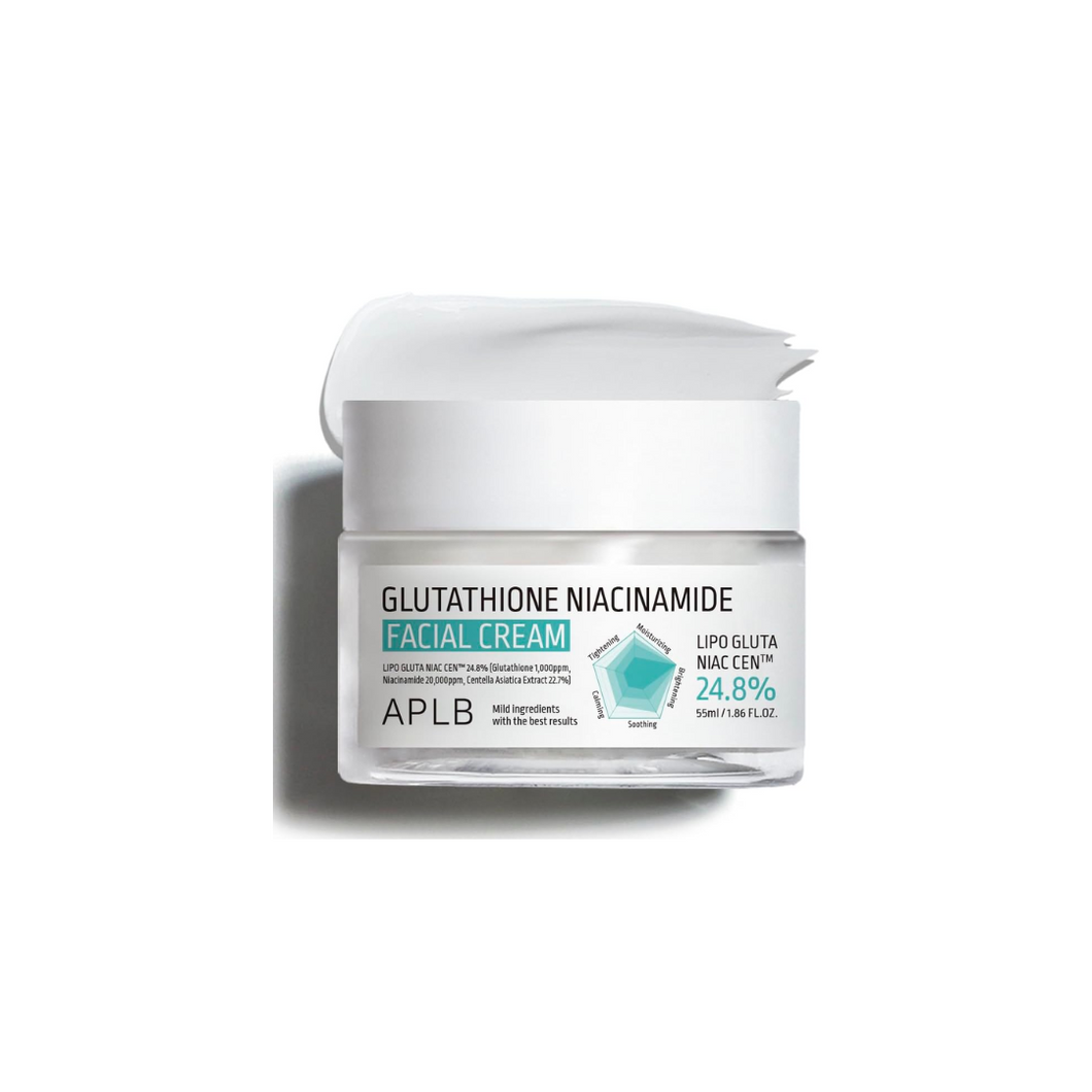 APLB Glutathione Niacinamide Facial Cream is a nourishing and brightening moisturizer that combines 2% Niacinamide and 1,000 ppm of Glutathione to improve skin tone and reduce dark spots. Formulated with 22.7% Centella Asiatica Extract, it soothes and calms irritated skin while deeply hydrating with ingredients like Shea Butter, Macadamia Seed Oil, and Squalane. Enriched with Hydrolyzed Collagen and Cholesterol, this cream helps to strengthen the skin barrier and enhance elasticity, leaving the skin smooth,