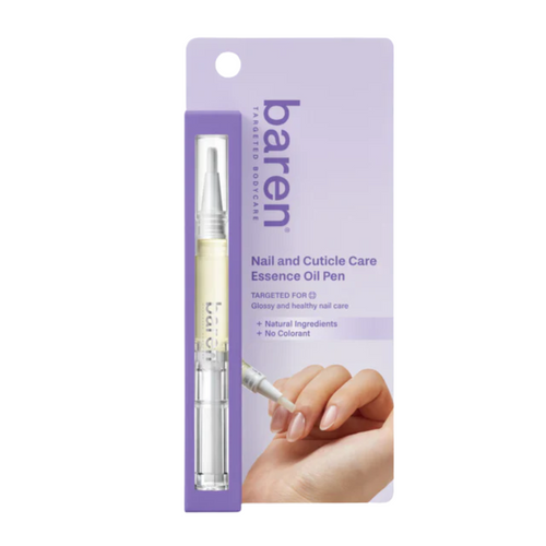 BAREN Nail and Cuticle Care Essence Oil Pen is a nourishing treatment designed to hydrate and strengthen your nails and cuticles. This convenient oil pen combines a rich blend of natural oils, including Olive, Rosehip, and Moringa, which deeply moisturize and promote healthy nail growth. Macadamia and Grape Seed Oils fortify the nails and soften cuticles, while Vitamin E protects and revitalizes. Perfect for on-the-go use, this essence oil leaves your nails looking shiny and well-cared-for with a subtle, pl