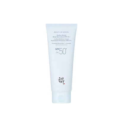 BEAUTY OF JOSEON Hydra Shield Body Sun Lotion is a lightweight SPF 50+ PA++++ body sunscreen that provides strong UV protection with a fresh, hydrating finish. Formulated with Fermented Brown Rice to nourish and refresh the skin and Ceramide NP to support the moisture barrier, it helps keep skin comfortable and hydrated throughout the day. The smooth lotion texture absorbs quickly without a sticky feel or visible white cast, leaving skin soft with a natural glow. Suitable for normal, dry, dehydrated, combin