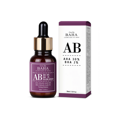 COS DE BAHA (AB) AHA30% BHA2% Peeling Serum is an intensive exfoliating serum suitable for oily and acne-prone skin types. This potent formula combines 30% Glycolic Acid (AHA) and 2% Salicylic Acid (BHA) to deeply exfoliate the skin, helping to clear pores, fade acne scars, and smooth uneven texture. Panthenol and Allantoin soothe and hydrate the skin, minimizing irritation. Ideal for weekly use, this serum promotes a clearer, more radiant complexion.&nbsp;