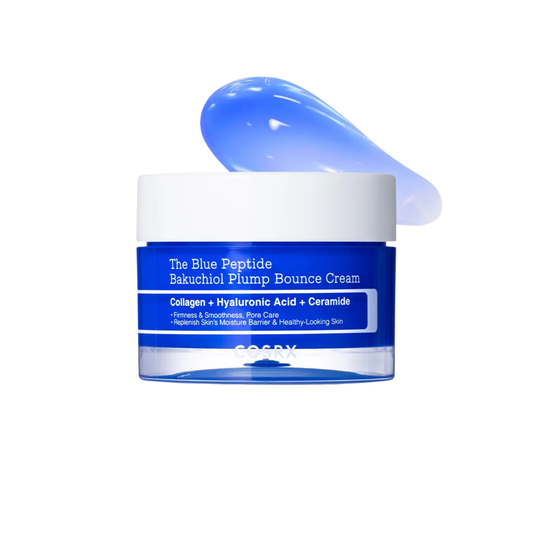 COSRX The Blue Peptide Bakuchiol Plump Bounce Cream is a firming moisturizer made to hydrate, plump, and improve the look of skin elasticity. Formulated with Copper Tripeptide-1, Peptides, Bakuchiol, Niacinamide, Squalane, Panthenol, Beta-Glucan, Hyaluronic Acid, Ceramide NP, Cholesterol, Hydrolyzed Collagen, and Adenosine, it helps smooth the look of fine lines, support firmness, and reduce the appearance of enlarged pores. The moisturizing formula helps strengthen the skin barrier and leaves skin looking 