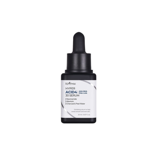 ISNTREE Hyper Acid 4 AHA BHA PHA LHA 30 is a powerful exfoliating solution designed to unclog pores, smooth texture, and brighten dull skin. With a blend of AHA, BHA, PHA, and LHA, it helps remove dead skin cells, control excess sebum, and refine skin tone. Enriched with Niacinamide, Allantoin, and Charcoal Powder, it soothes and purifies while promoting a clearer, more radiant complexion. Ideal for oily, acne-prone, or congested skin.