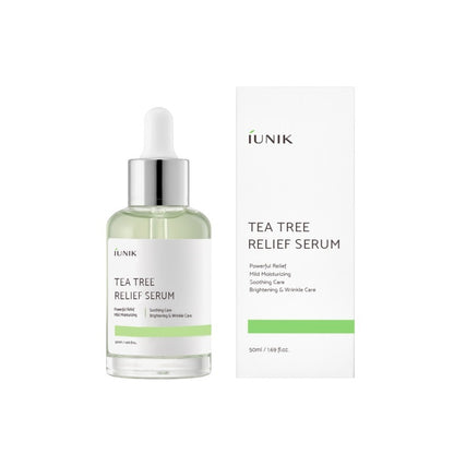 IUNIK Tea Tree Relief Serum is a calming, lightweight serum that helps soothe irritation, reduce redness, and balance troubled skin. Formulated with Tea Tree Leaf Water and Centella, it targets blemishes while hydrating with Beta-Glucan and Sodium Hyaluronate. Perfect for sensitive and acne-prone skin needing gentle daily relief.