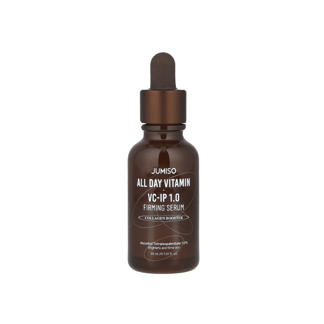 JUMISO All Day Vitamin VC-IP 1.0 Firming Serum delivers a radiant, youthful glow with a powerful blend of Ascorbyl Tetraisopalmitate (Vitamin C derivative), Tocopherol (Vitamin E), and Bakuchiol. This lightweight serum brightens skin tone, improves firmness, and reduces signs of aging while Niacinamide enhances clarity and balances oil production. Enriched with Centella Asiatica Oil and Sodium Hyaluronate, it soothes and hydrates, leaving your skin plump and revitalized. Perfect for daily use to achieve smo