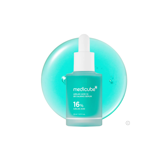 MEDICUBE Azelaic Acid 16 BB Soothing Serum is a lightweight treatment designed to help balance oil, calm irritation, and support clearer-looking skin. Formulated with a high concentration of Azelaic Acid, it helps reduce excess sebum while improving uneven texture and redness. Ingredients like Niacinamide, Centella Asiatica Extract, Panthenol, and Allantoin work together to soothe sensitive skin and maintain hydration. Ceramide NP, Squalane, and Shea Butter help support the skin barrier, leaving skin feelin