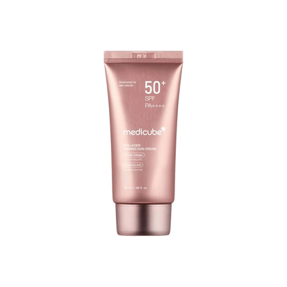 MEDICUBE Collagen Firming Sun Cream is a moisturizing sunscreen that helps protect, hydrate, and improve the look of firmness and elasticity. Formulated with Titanium Dioxide and modern UV filters, it provides broad-spectrum sun protection while Niacinamide helps brighten dull-looking skin. A Quadruple Collagen Complex, multiple forms of Hyaluronic Acid, Panthenol, and Ceramide NP help keep skin plump, smooth, and comfortably hydrated. The formula also contains Adenosine and Amino Acids to support a healthi