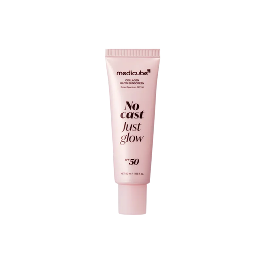 Pink tube of Medicube Collagen Glow Sunscreen SPF 50, labeled "No cast Just glow," 50ml.