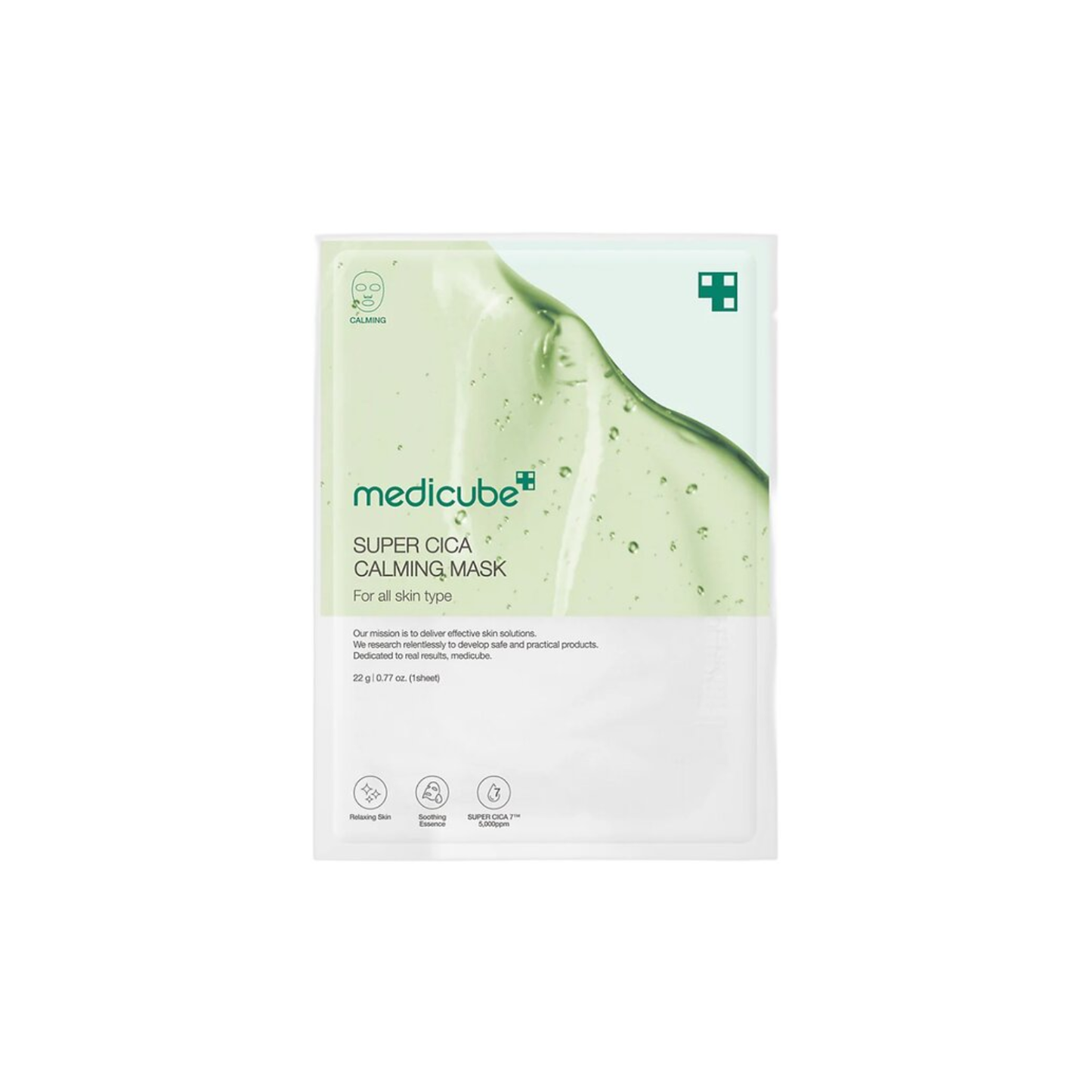 MEDICUBE Super Cica Calming Mask is a soothing sheet mask designed to calm irritated skin and restore moisture. Formulated with Centella Asiatica, Madecassoside, Panthenol, and hydrating ingredients, it helps reduce redness, support the skin barrier, and leave skin feeling comfortable, refreshed, and balanced after use.