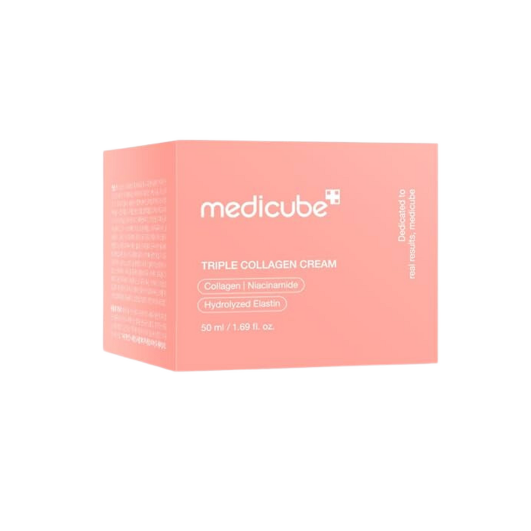 MEDICUBE Triple Collagen Cream is a rich and nourishing moisturizer designed to enhance skin elasticity and hydration. Formulated with Collagen, Hydrolyzed Elastin, and Sodium Hyaluronate, it deeply hydrates and improves skin firmness. Enriched with Shea Butter and Squalane, it locks in moisture and strengthens the skin barrier, while Niacinamide helps brighten and even skin tone. Perfect for achieving smooth, radiant, and youthful-looking skin with daily use.