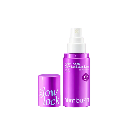 NUMBUZIN No.9 NAD+ PDRN Glow Lock Sun Spray is a lightweight sunscreen mist that provides SPF 50+ PA++++ protection while helping keep skin hydrated, radiant, and makeup looking fresh. Formulated with NAD+, PDRN, and a blend of 50 Peptides, it helps support skin elasticity, firmness, and a smooth, healthy-looking complexion. Niacinamide helps brighten uneven tone, while Resveratrol and Adenosine provide additional antioxidant and firming care. The water-resistant formula leaves a glowy finish without a whit