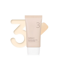 Load image into Gallery viewer, NUMBUZIN No. 3 Porcelain Base-Skip Tone Up Beige is a silky, lightweight cream that enhances your complexion while providing hydration and soothing care. Formulated with skin-loving ingredients like Centella Asiatica, Green Tea, and Licorice Root Extract, it helps to calm and nourish your skin. Niacinamide boosts brightness, while botanical extracts such as Rosemary and Chamomile promote a soft, even finish. Ideal for achieving a naturally radiant look, this tone-up cream is perfect for everyday wear.