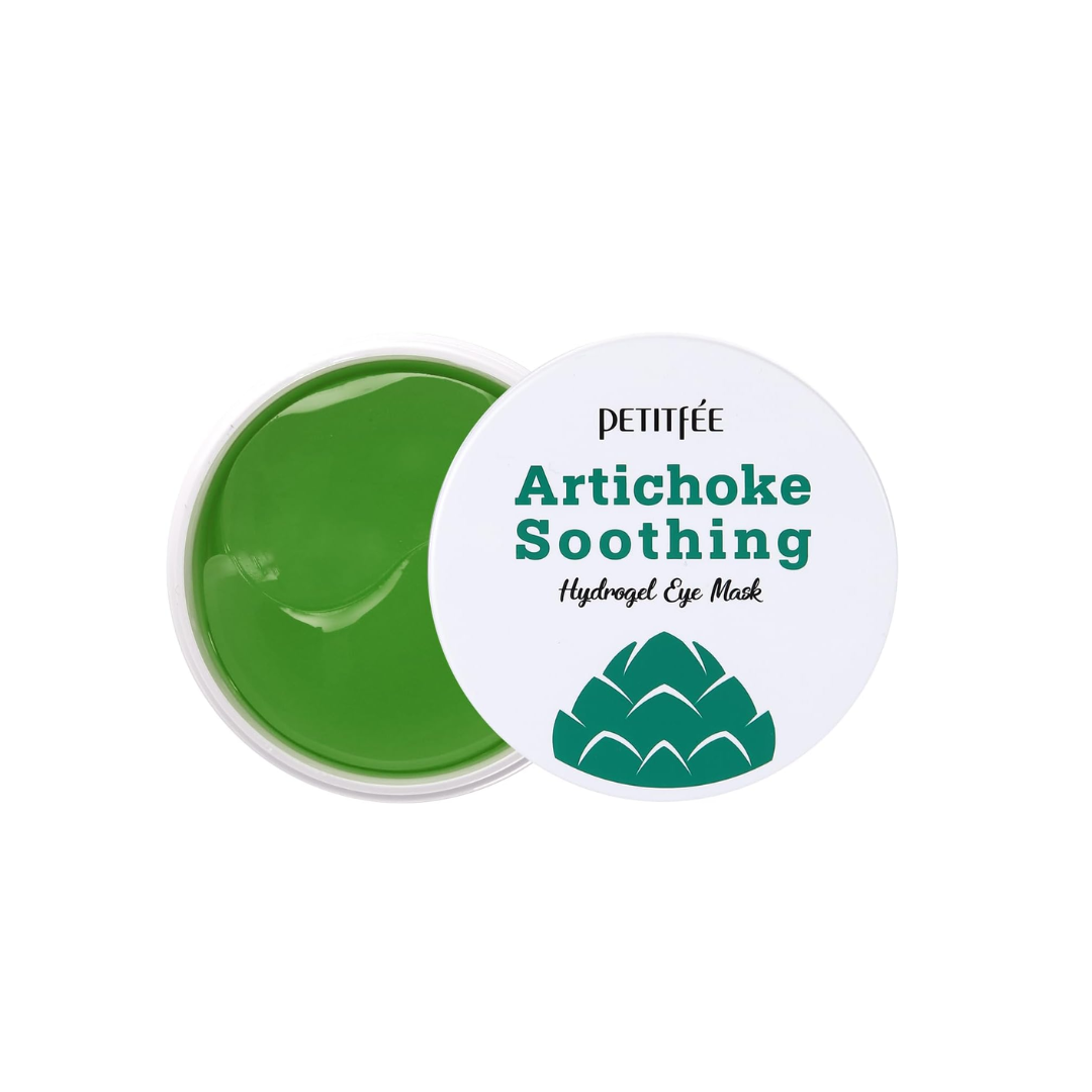 PETITFEE Artichoke Soothing Hydrogel Eye Mask delivers refreshing hydration and soothing care to tired under-eyes. Enriched with Artichoke Leaf Extract, it helps calm the skin, reduce puffiness, and improve elasticity for a smoother, firmer appearance. Infused with Centella Asiatica, Aloe Vera, and Green Tea Extracts, these hydrogel patches provide deep moisture and a cooling effect to revitalize the delicate eye area. The comfortable gel texture adheres perfectly to the skin, leaving it refreshed, supple, 
