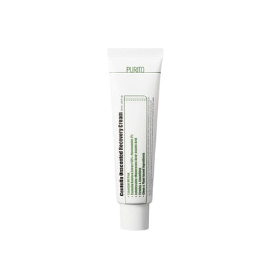 PURITO Centella Unscented Recovery Cream is a fragrance-free, soothing cream formulated with 50% Centella Asiatica Extract to strengthen the skin barrier and calm irritation. It contains nourishing ingredients like Macadamia Seed Oil, Squalane, and Shea Butter to provide deep hydration and lock in moisture. Niacinamide brightens the complexion, while hyaluronic acid and beta-glucan help retain moisture for smooth, healthy-looking skin. This gentle, unscented formula is perfect for sensitive skin and daily u