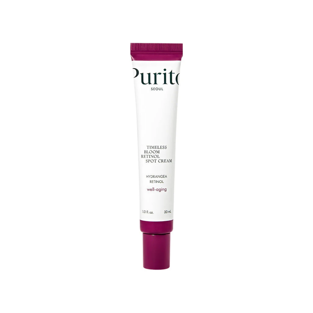 PURITO SEOUL Timeless Bloom Retinol Spot Cream is a vegan-friendly spot treatment packed with Bakuchiol and 0.1% Retinol, designed to reduce the appearance of fine lines, wrinkles, and blemishes. This cream promotes skin renewal and improves texture, while Hyaluronic Acid and Camellia Sinensis Leaf Extract provide hydration and soothing benefits, making it suitable for all skin types.