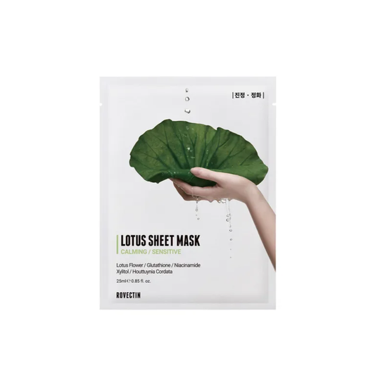ROVECTIN Lotus Water Calming Sheet Mask is a soothing, hydrating mask infused with over 522,000 ppm of Lotus Extract to calm and refresh the skin. Niacinamide brightens, while Houttuynia Cordata and Glutathione help purify and even out tone. Its lightweight essence absorbs quickly, leaving the skin soft, balanced, and revitalized. Perfect for sensitive, irritated, or stressed skin in need of a cooling moisture boost.