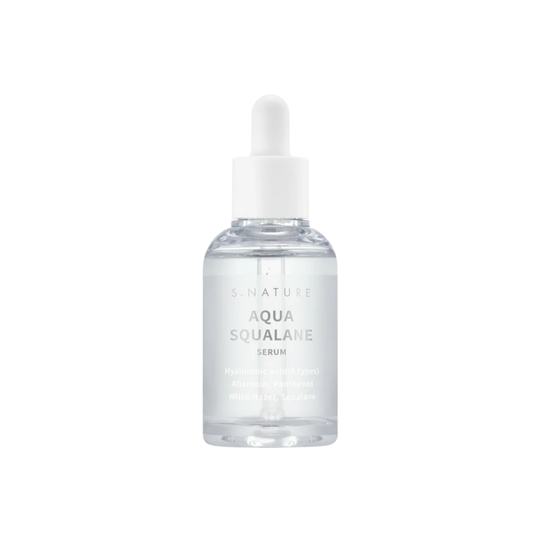 S. NATURE Aqua Squalane Serum is a deeply hydrating and soothing serum that helps replenish dry, tired skin without feeling heavy. Formulated with Squalane, 8 Types of Hyaluronic Acid, and Betaine, it helps lock in moisture and keep skin soft and plump. Panthenol and Allantoin calm irritation, while Witch Hazel Extract helps refine the look of pores and balance excess oil. The concentrated formula absorbs quickly, leaving skin smooth, refreshed, and comfortably hydrated. Suitable for&nbsp;dry, dehydrated, c