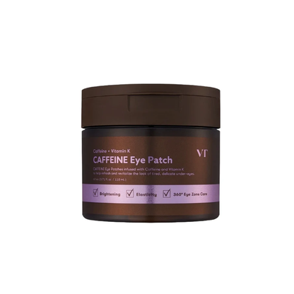 VT Caffeine Eye Patch is a refreshing gel eye patch designed to hydrate, brighten, and revive tired-looking eyes. Infused with Caffeine and Vitamin K, it helps refresh the delicate under-eye area and improve the look of puffiness. Glutathione and Niacinamide help boost radiance and support a brighter-looking complexion, while 4 Types of Peptides and 6X Collagen help strengthen, hydrate, and smooth the skin. The lightweight, seamless gel sheet fits comfortably around the eye area, helping deliver a lifting e