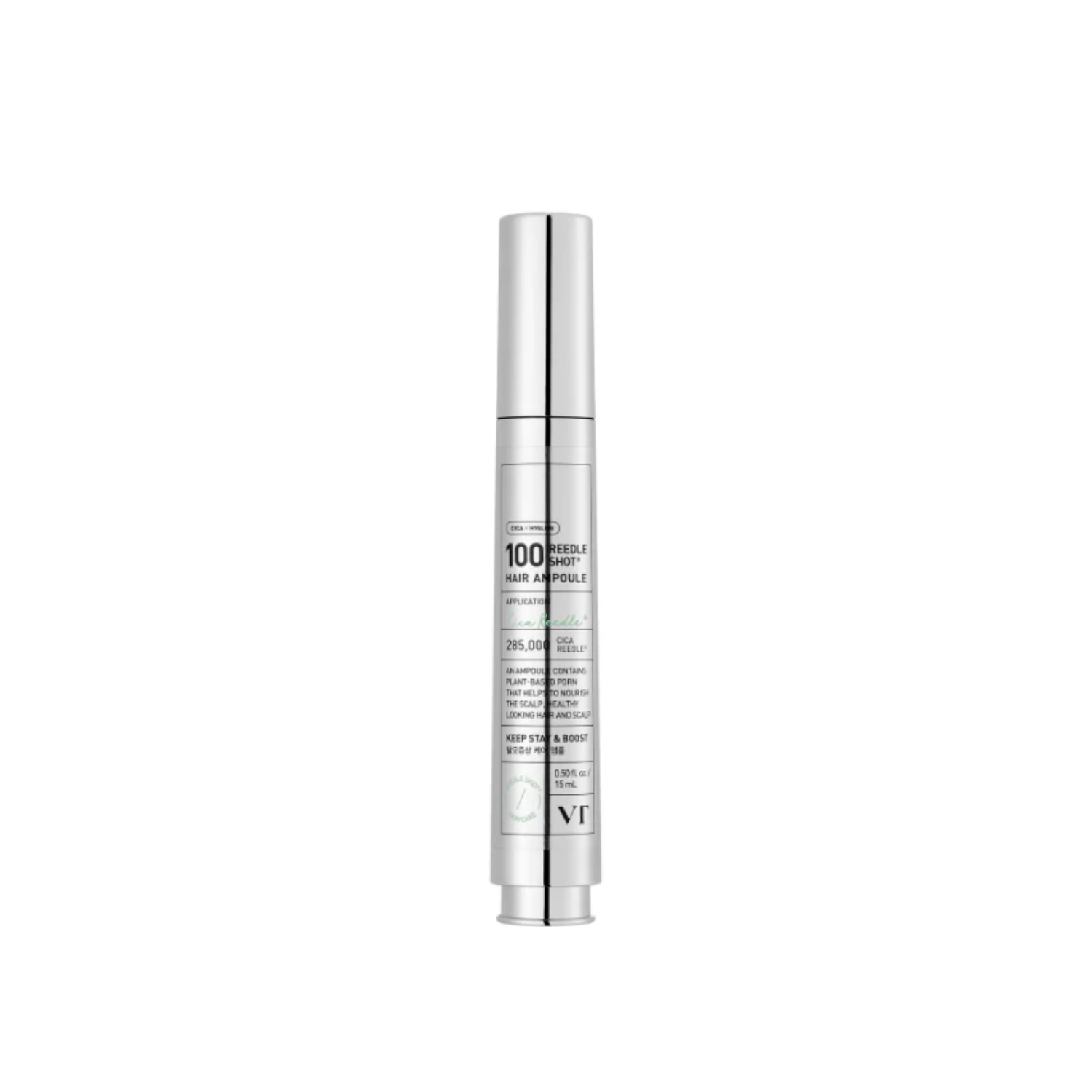 VT PDRN Reedle Shot Hair Ampoule 100dL is a concentrated scalp treatment designed to support healthier, fuller-looking hair. Formulated with CICA REEDLE® and plant-based PHYTO PDRN® from Ginseng Root, it helps soothe the scalp while revitalizing and nourishing hair.&nbsp;Enriched with Caffeine, peptides, and botanical extracts, it helps improve hair density, stimulate the scalp, and promote healthier growth. With added hydrating and barrier-supporting ingredients, it leaves the scalp balanced and refreshed.
