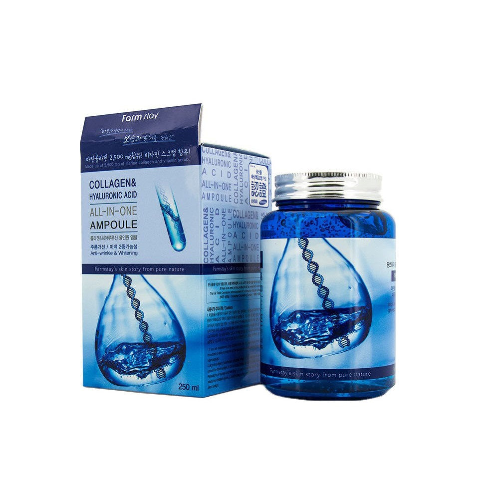 FARM STAY Collagen & Hyaluronic Acid All-in-One Ampoule is formulated with Sodium Hyaluronate (10,750mg) and Hydrolyzed Collagen (2,500mg) to deeply hydrate and enhance skin elasticity. Infused with Vitamin E, Witch Hazel Extract, and Jojoba Seed Extract, it nourishes and soothes the skin, promoting a smooth, radiant appearance. With the added benefits of Licorice Root Extract and Green Tea Leaf Extract, this multi-functional ampoule brightens and revitalizes, leaving your skin refreshed and glowing. Perfec