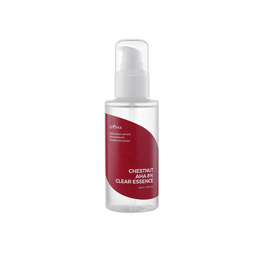 ISNTREE Chestnut AHA 8% Clear Essence is an exfoliating essence designed to smooth and refine skin texture. Formulated with Glycolic Acid (4%) and Lactic Acid (4%), it gently removes dead skin cells to reveal a brighter, clearer complexion. Enriched with Chestnut Shell Extract and soothing ingredients like Centella Asiatica, Panthenol, and Allantoin, it helps calm and hydrate the skin while supporting a healthy barrier. Ideal for improving dullness, uneven texture, and clogged pores, this essence leaves ski