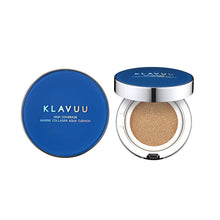 Load image into Gallery viewer, KLAVUU Blue Pearlsation High Coverage Marine Collagen Aqua Cushion provides a flawless finish while delivering hydrating and skin-nourishing benefits. Enriched with Marine Collagen, Hydrolyzed Pearl, and a blend of Seaweed Extracts, it helps to enhance skin elasticity and radiance. Infused with Niacinamide and Sodium Hyaluronate, this cushion brightens and moisturizes, leaving the skin smooth and dewy. Ideal for achieving a natural, luminous complexion with buildable coverage.