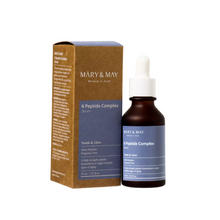 Load image into Gallery viewer, MARY &amp; MAY 6 Peptide Complex Serum is a revitalizing serum that targets signs of aging with a blend of six peptides, including Copper Tripeptide-1 and Palmitoyl Pentapeptide-4, to promote firm, youthful-looking skin. It hydrates and supports the skin barrier with Glycerin and Butylene Glycol, while Adenosine helps smooth fine lines and wrinkles. This lightweight formula absorbs quickly, leaving the skin feeling nourished and rejuvenated. Ideal for those looking to enhance skin elasticity and reduce the appe