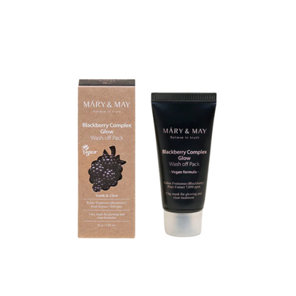MARY & MAY Blackberry Complex Glow Wash Off Pack is a soothing clay mask that brightens and purifies the skin. Formulated with Kaolin, Bentonite, and Blackberry Extract, it absorbs excess oil while delivering antioxidant care. Gentle almond shell powder provides mild physical exfoliation, leaving skin soft, smooth, and refreshed with a natural glow.