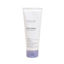 Load image into Gallery viewer, MARY &amp; MAY White Collagen Cleansing Foam is a rich, hydrating cleanser with 46.6% Hydrolyzed Collagen to help improve skin elasticity and provide deep moisture. Formulated with Niacinamide (1%) for brightening, it effectively cleanses while promoting a radiant complexion. Glycerin and Sodium Hyaluronate ensure the skin stays hydrated and soft, making this cleansing foam ideal for dry or aging skin.