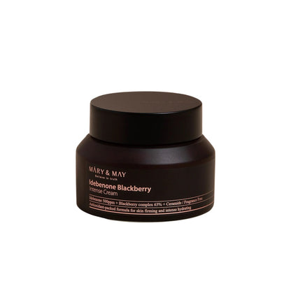 MARY &amp; MAY Idebenone + Blackberry Complex Intensive Cream is a deeply nourishing formula designed to target signs of aging and restore skin vitality. Enriched with 63% Blackberry Extract and powerful antioxidants like Idebenone, Blueberry, and Acai Extracts, it helps to combat free radicals and improve skin elasticity. Niacinamide brightens and evens skin tone, while Panthenol and Hydrogenated Lecithin provide intense hydration to smooth and plump the skin. Perfect for daily use, this cream leaves your 