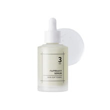Load image into Gallery viewer, NUMBUZIN No.3 Skin Softening Serum is formulated with 42% Bifida Ferment Lysate and 21% Galactomyces Ferment Filtrate to deeply nourish and soften the skin. Enriched with Niacinamide for brightening and Squalane for hydration, this serum helps improve skin texture, leaving it smooth and radiant. Suitable for all skin types, it provides essential moisture and promotes a healthy complexion.
