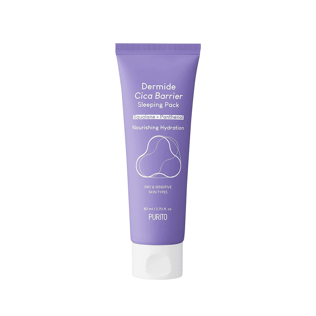 PURITO Dermide Cica Barrier Sleeping Pack is an overnight treatment designed to repair and strengthen the skin barrier while you sleep. Formulated with soothing Centella Asiatica Extract and hydrating ingredients like Squalane, Jojoba Oil, and Ceramides, it provides deep moisture and promotes skin recovery. Enriched with Panthenol and Hyaluronic Acid, this sleeping pack locks in hydration, leaving your skin soft, smooth, and revitalized by morning. Perfect for sensitive or dry skin, it helps restore balance
