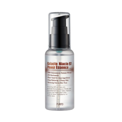PURITO Galacto Niacin 97 Power Essence is a brightening and revitalizing essence formulated with 92% Galactomyces Ferment Filtrate and 5% Niacinamide. This powerful combination helps improve skin texture, brighten the complexion, and minimize the appearance of pores. Enriched with soothing ingredients like Allantoin and Adenosine, it also helps to calm and nourish the skin. Perfect for all skin types, this lightweight essence promotes a smoother, more radiant complexion while supporting overall skin health.